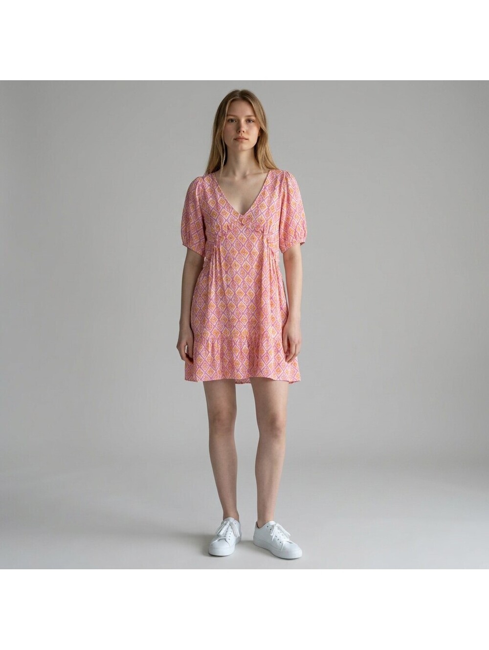 Lefties Dress Women M Medium Pink Geometric Sheath Midi V-Neck Short Sleeve